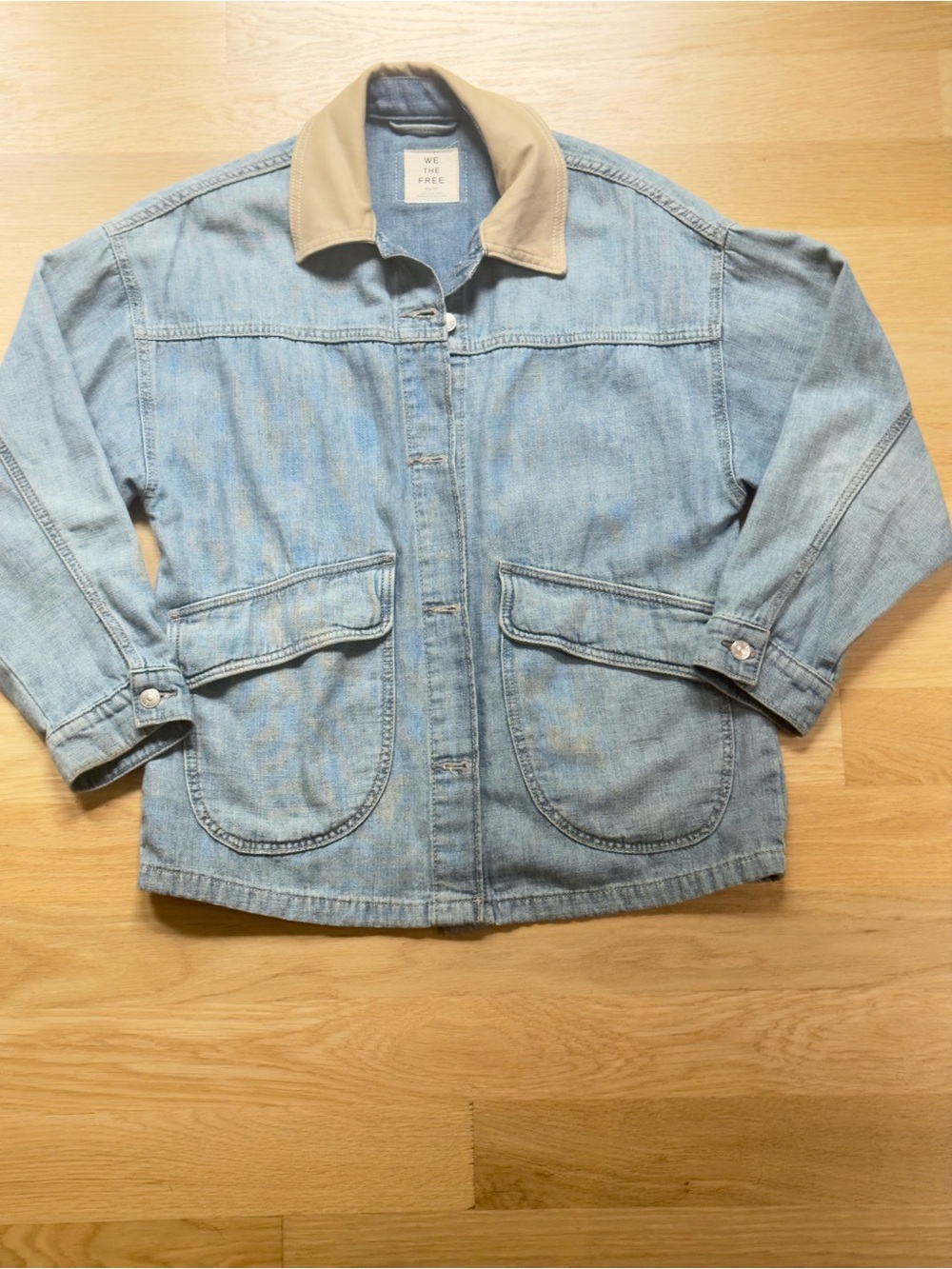 We The Free Light Blue Denim Jacket with Tan Collar